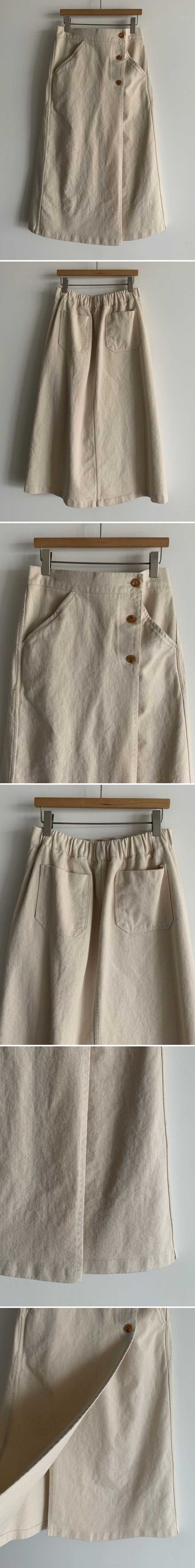 韓國女裝連線 - 後鬆緊鈕扣點綴A字長裙-卡其 (FREE)