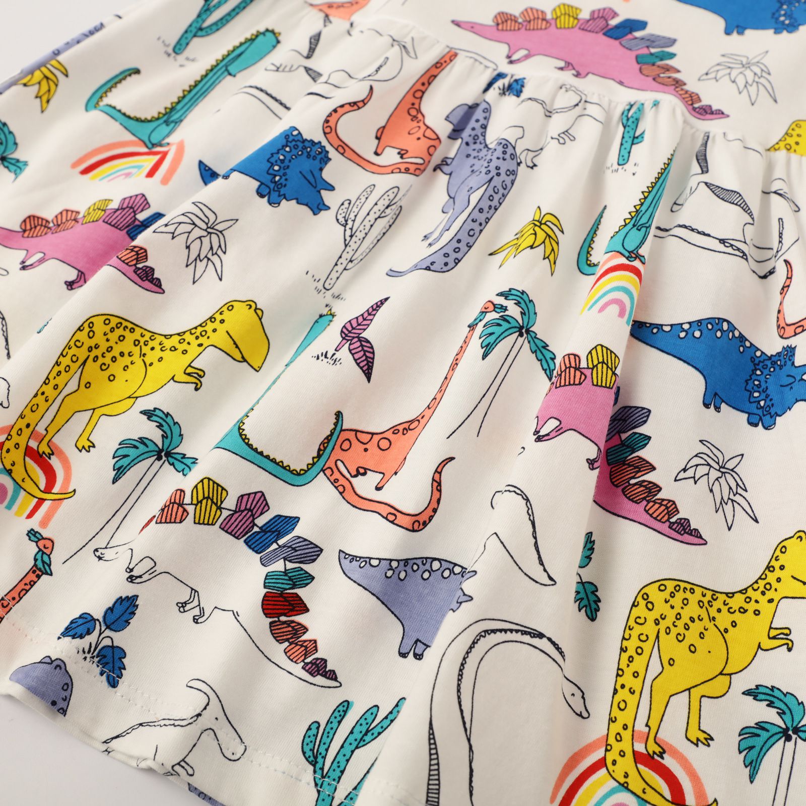 Jumping meters - 棉質圓領短袖洋裝-繽紛恐龍-白色