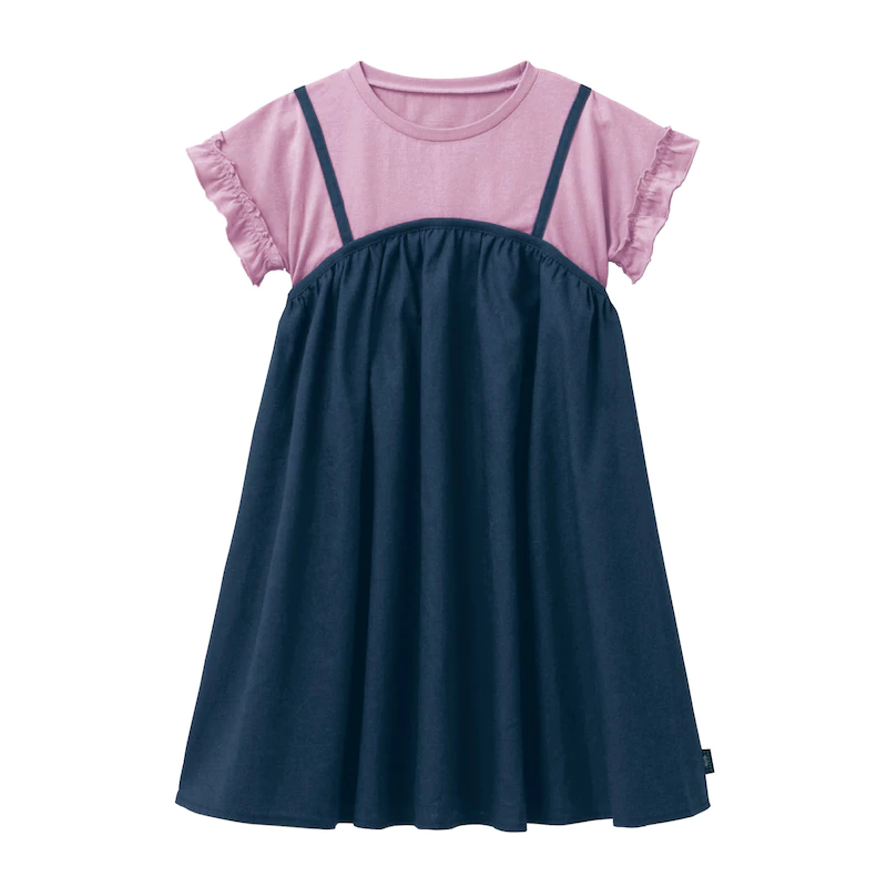 日本千趣會 - 假兩件吊帶棉麻透氣荷葉袖洋裝-條紋x卡其