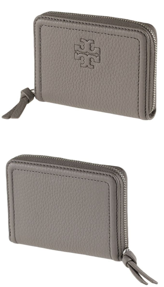 TORY BURCH - 素面皮革拉鍊短夾 (淺灰)