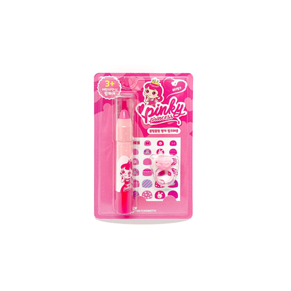 韓國PINKY - bling bling潤唇指甲貼套組-02.玫瑰粉-潤唇膏+1支 可愛戒指+1個 指甲貼+一份