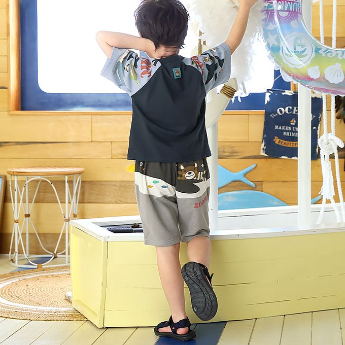 日本 ZOOLAND - 天竺棉海洋動物反摺格紋短褲-藍