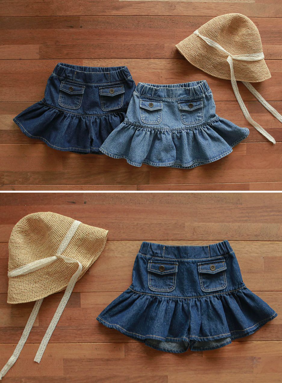 韓國 PuellaFLO - 荷葉下襬雙口袋牛仔裙-深藍