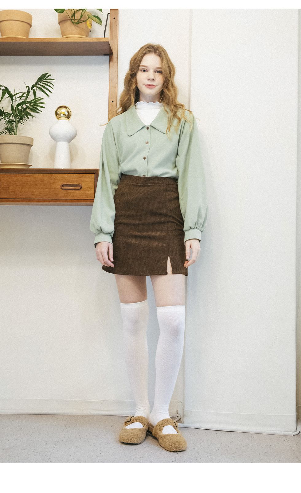 韓國 SOUP - 低領泡泡袖襯衫-薄荷綠 (Free)