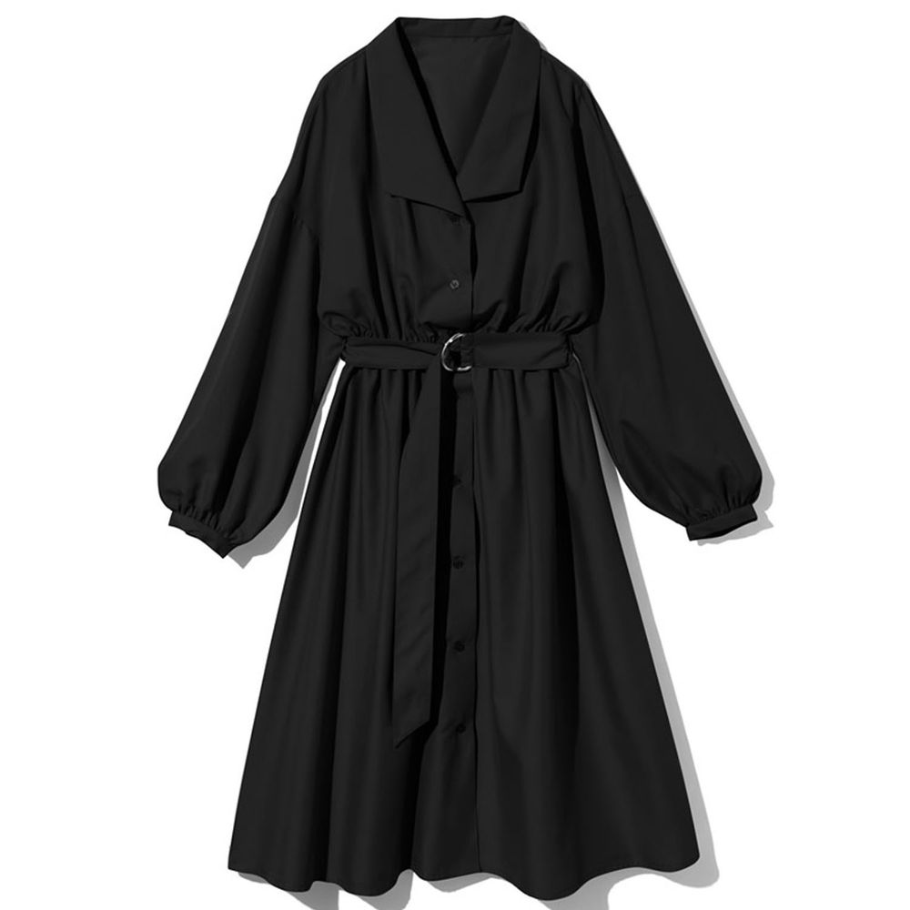 日本 GRL - 長版風衣式長袖洋裝(附腰帶)-黑