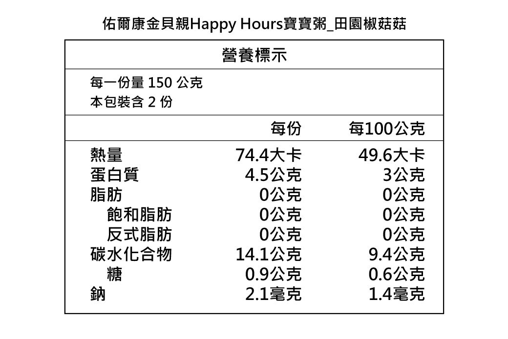HAPPY HOURS - 寶寶粥(田園椒菇菇)-150gX2包