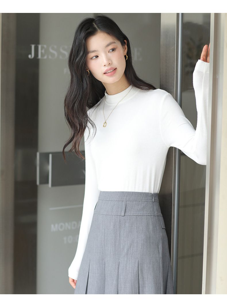 2%羊毛絨高領長袖上衣-高領-棕色