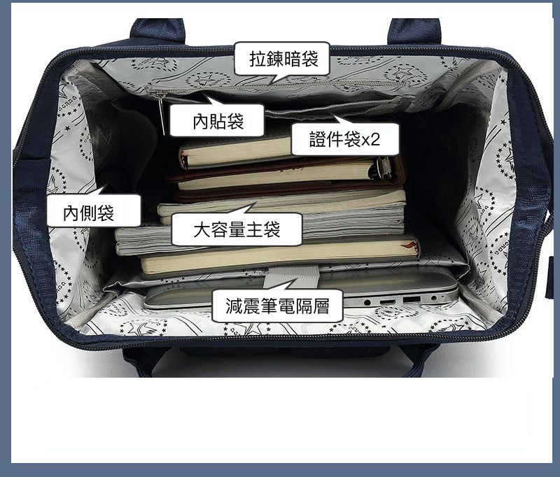 簡約大容量開口書包-小雛菊-黑色 (42.5x30.5x19cm)