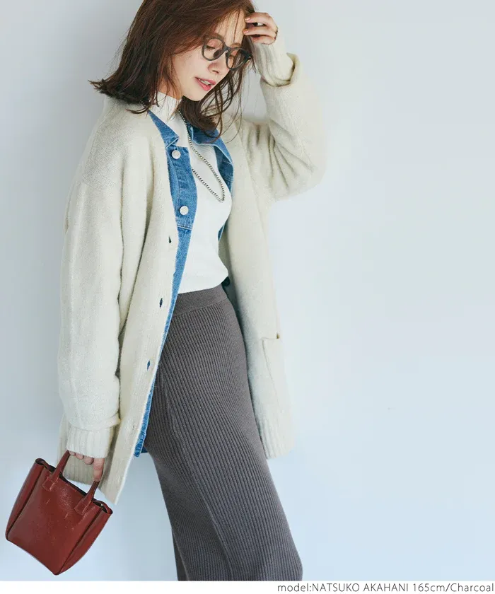 日本 COCA - 顯瘦百搭羅紋彈性長裙-灰棕