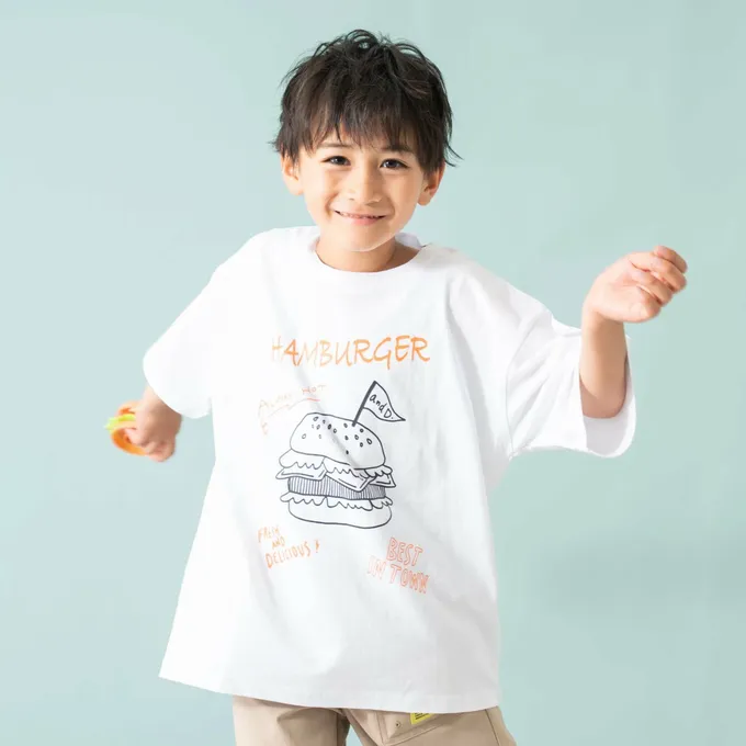 日本 petit main - 100%棉 塗鴉系食物印花短袖上衣-蘇打汽水-米杏