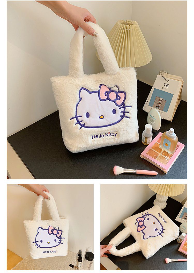 卡通毛茸茸大容量手提袋-卡通人物Hello Kitty-白色 (30x10x(27+17)cm)