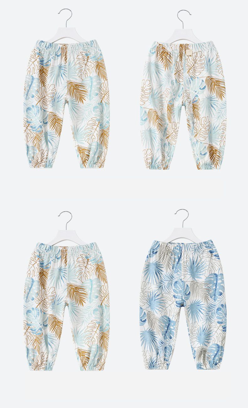 純棉束口長褲/防蚊褲-葉子-藍+白