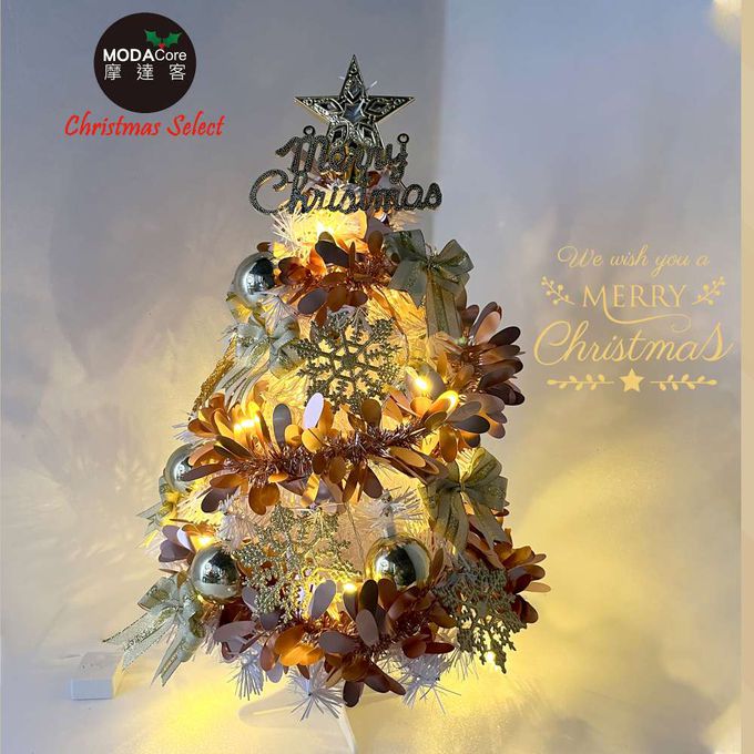 MODACore 摩達客 - 摩達客耶誕-2尺/2呎(60cm)特仕幸福型裝飾白色聖誕樹 (香檳雙金系全套飾品)+20燈LED燈插電式暖白光*1/贈控制器/本島免運費
