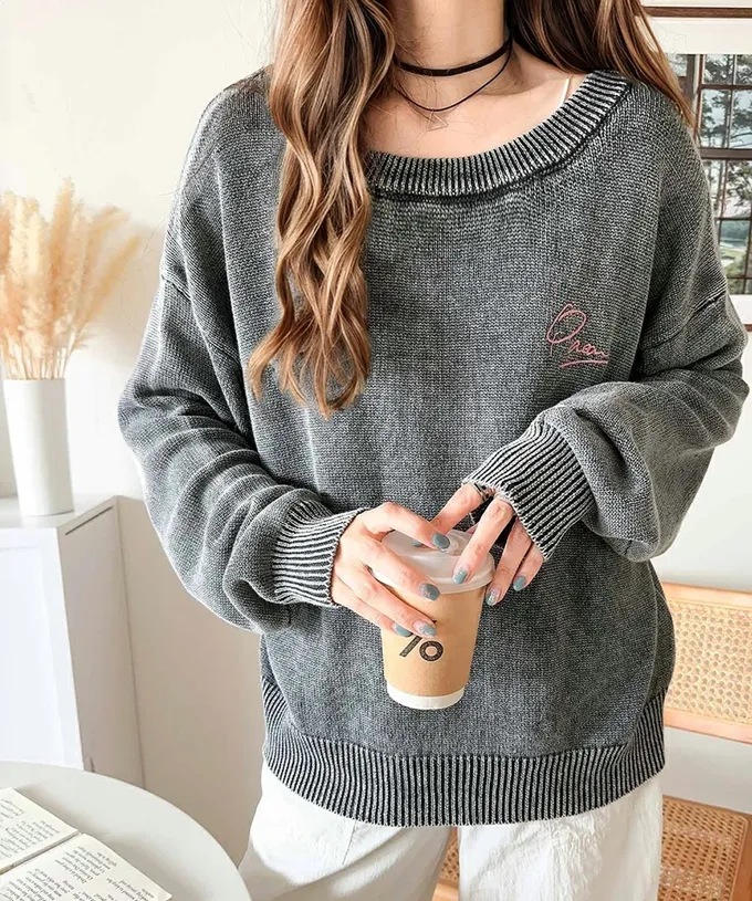 日本 Classical Elf - 厚磅棉復古刷色感logo長袖上衣-淺灰