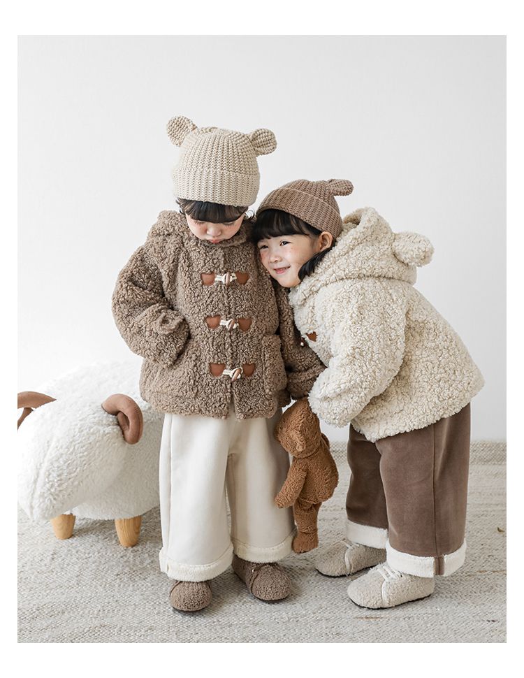 TONGMO - 立體造型羊羔絨牛角釦連帽外套-熊耳朵-米色