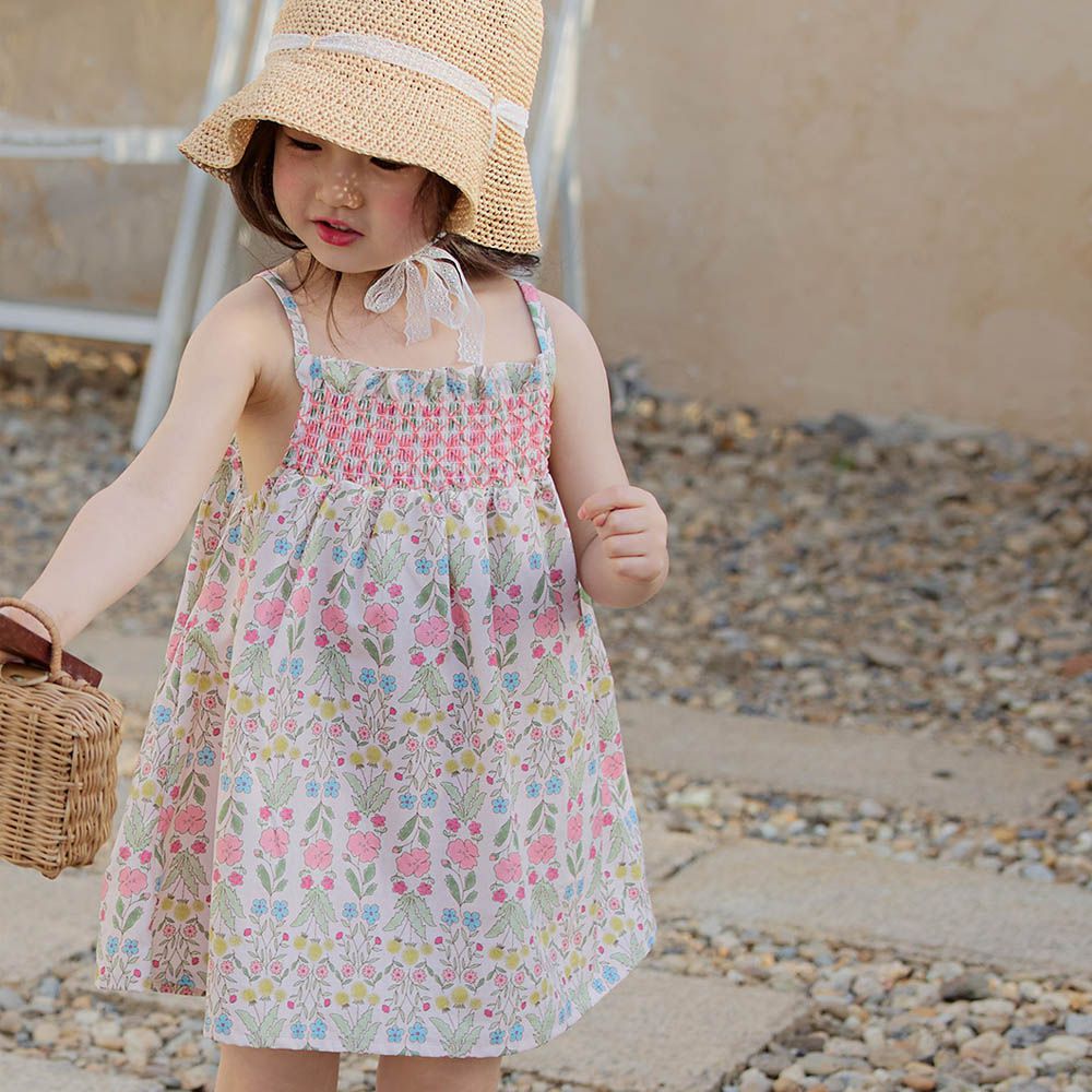 手繪花園抓褶細肩帶洋裝-粉