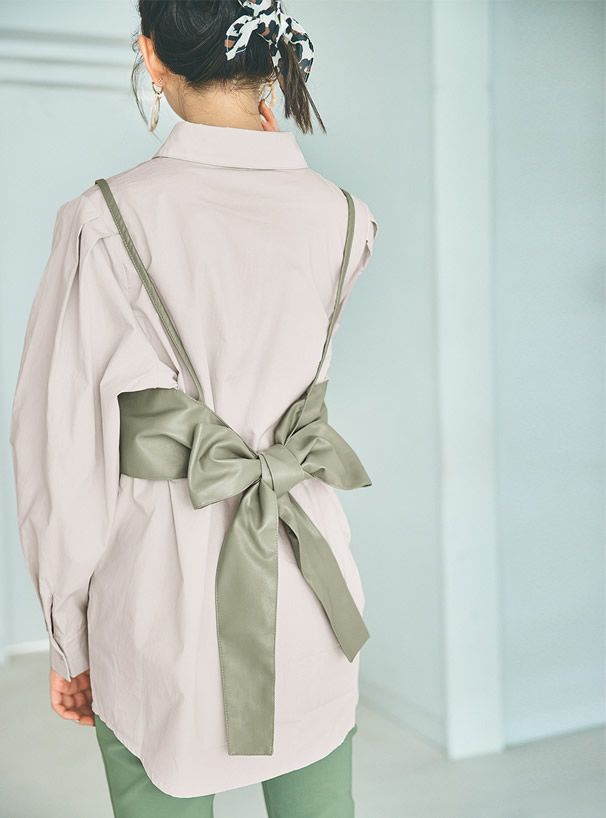 日本 GRL - 蝴蝶結綁帶皮革細肩背心X長袖襯衫-卡其X杏