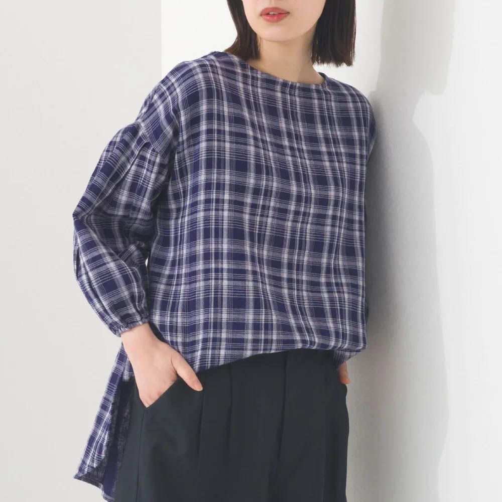 100%印度棉 簡潔二重紗澎袖上衣-深藍格紋
