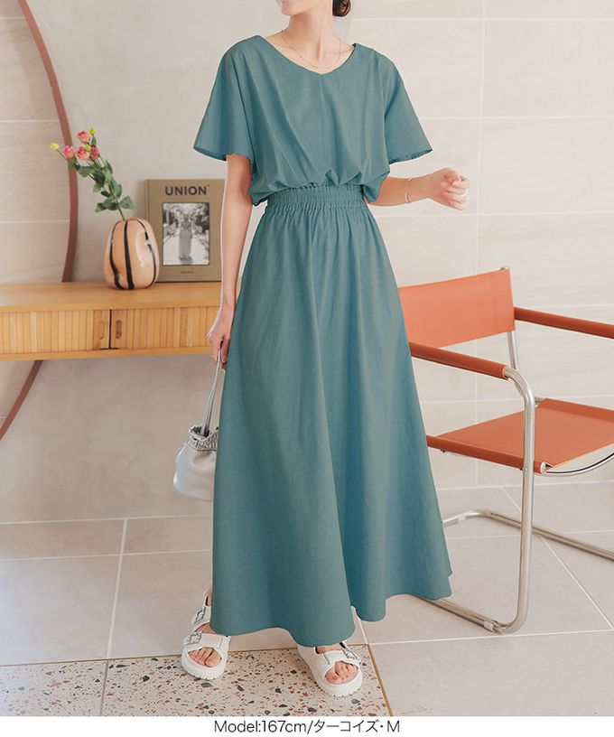 日本 Kobe Lettuce - 亞麻度假感V領修身束腰洋裝-活力黃 (M)