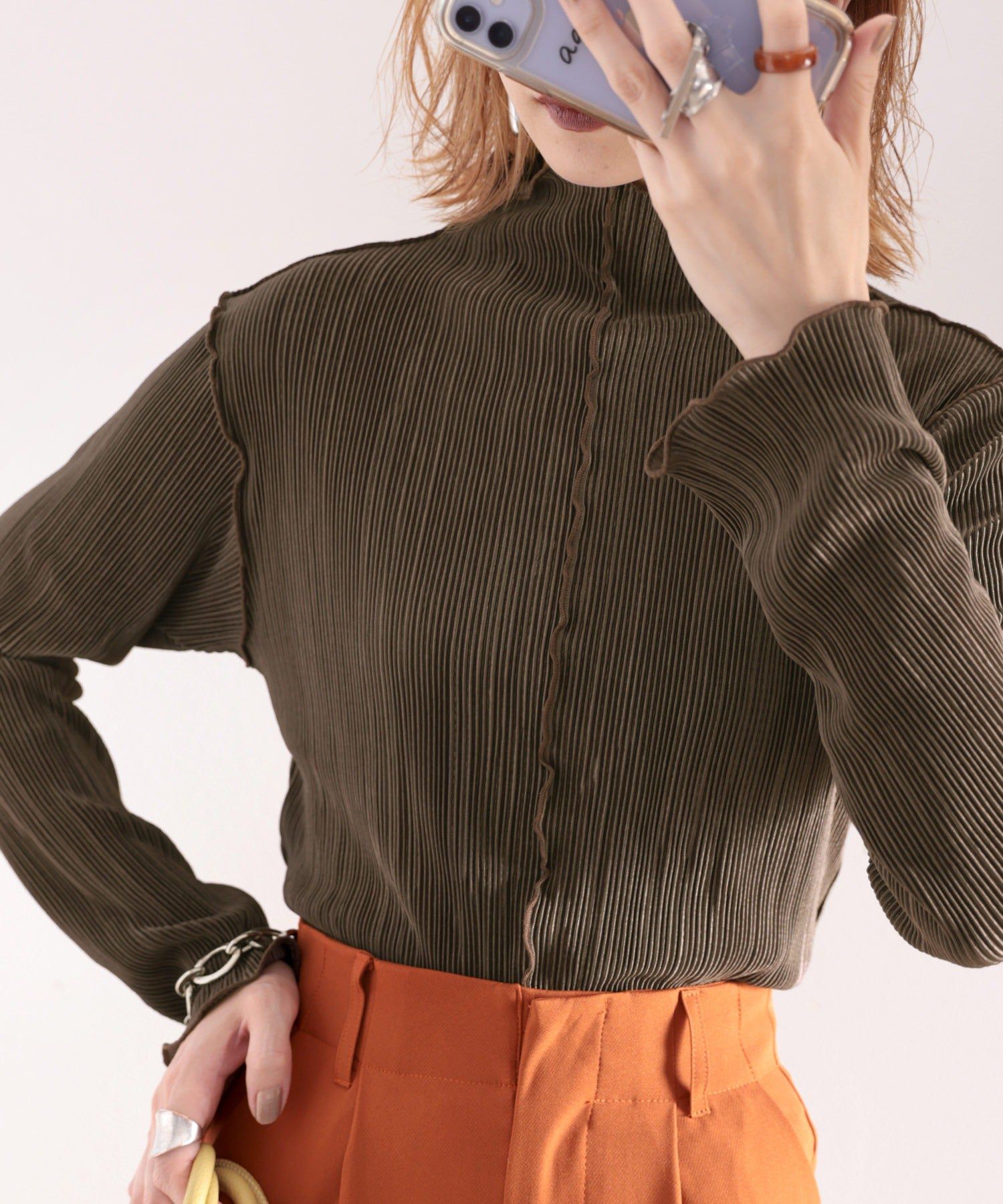 日本 Classical Elf - 光澤感木耳邊薄長袖上衣-酪梨綠