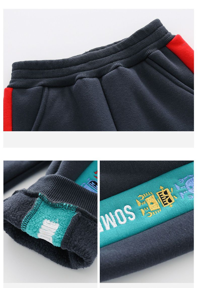 薄絨腰鬆緊休閒保暖束口長褲-繽紛機器人-灰色