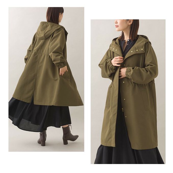 日本 OMNES - 潑水加工 派克連帽風衣長版外套-橄欖綠