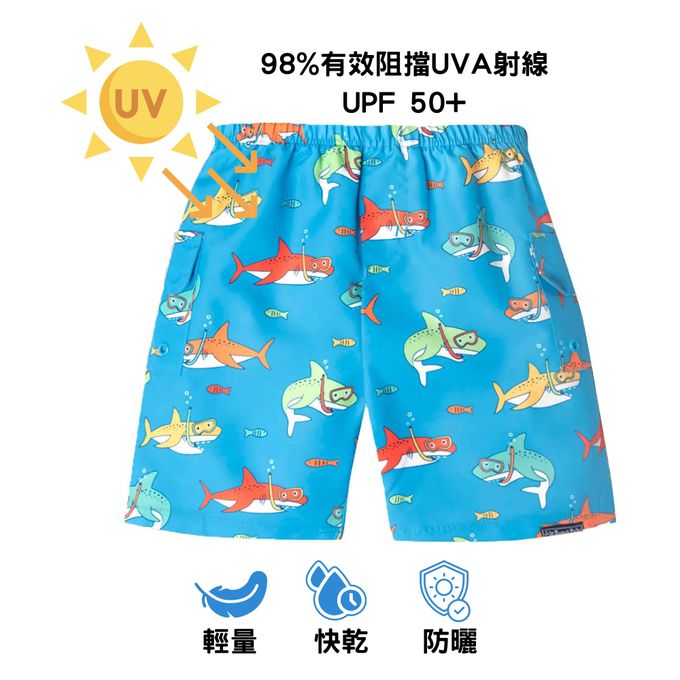 英國 JoJo Maman BeBe - 泳褲+防曬護頸遮陽帽-鯊魚家族_JJH3925+鯊魚世界_JJH3927