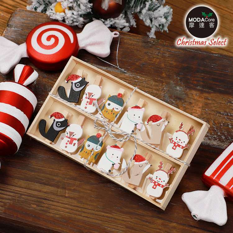 MODACore 摩達客 - 聖誕裝飾文具-原木小木夾子10入套組-超萌動物系款