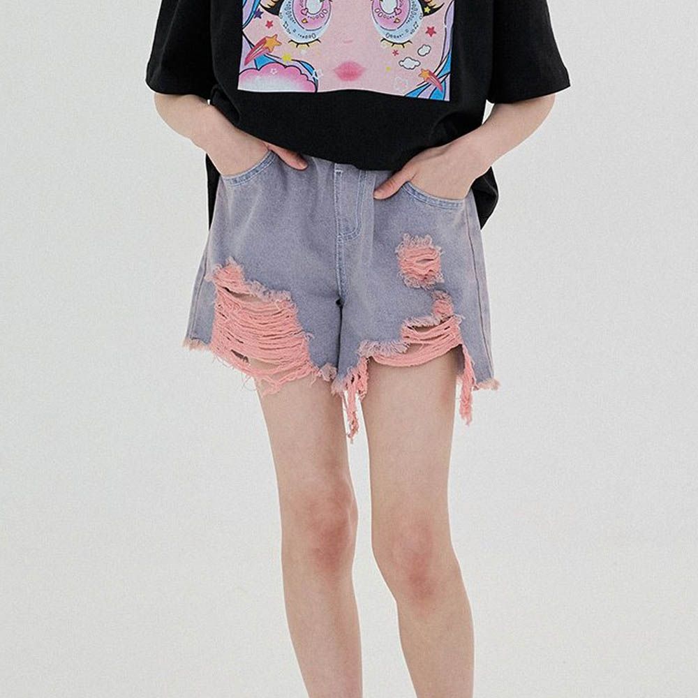 鬆緊腰刷色破壞感丹寧短褲-粉X藍