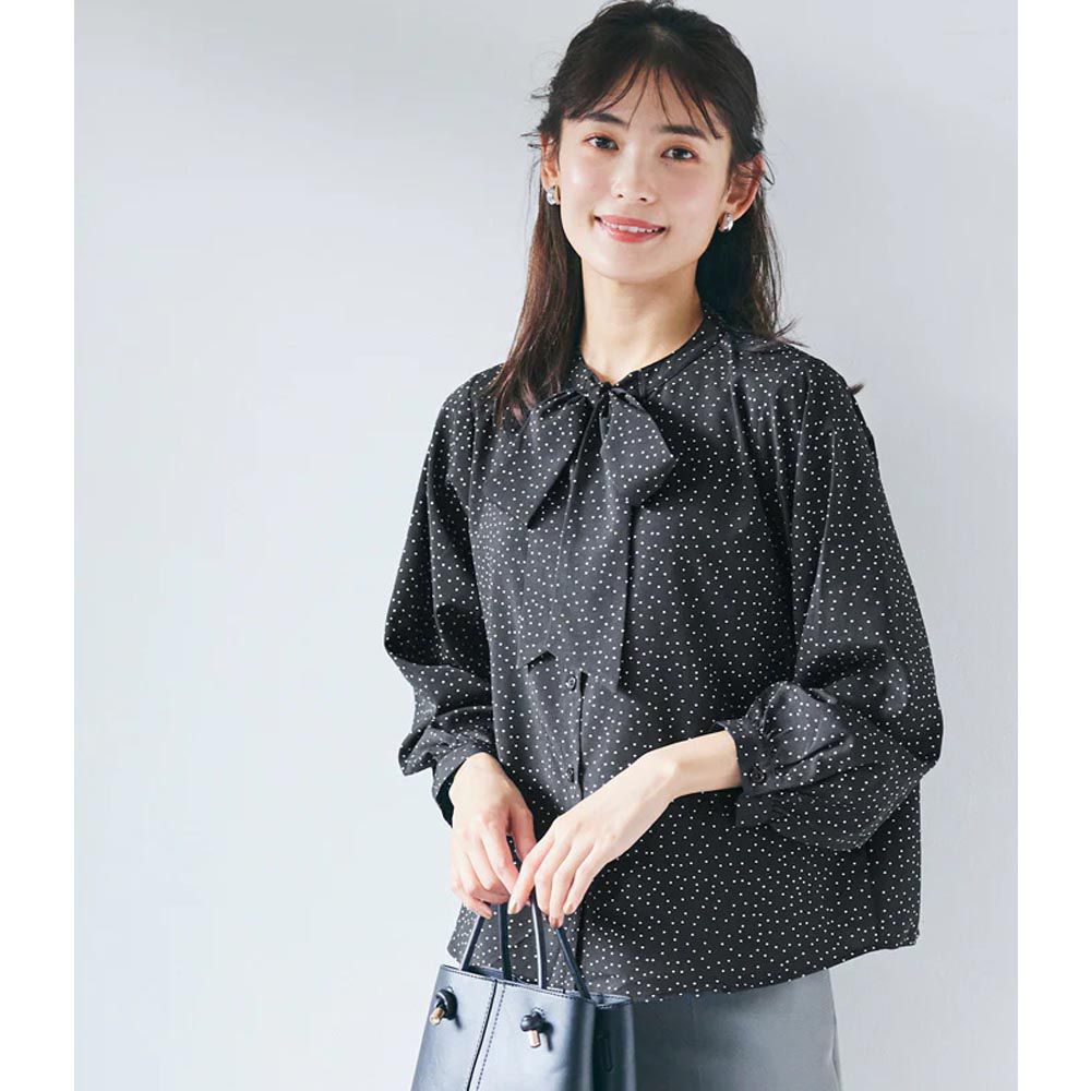 日本 COCA - 優雅紐結雪紡長袖上衣-點點-黑