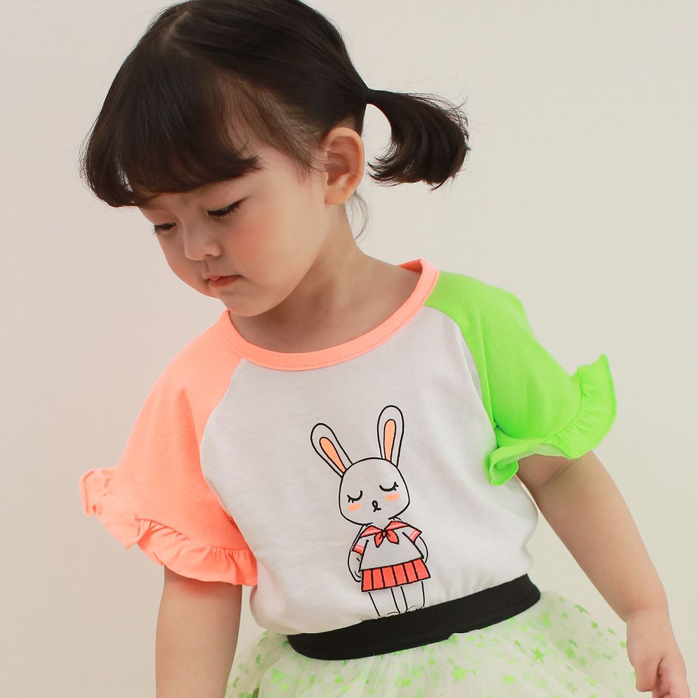 韓國 Coco Rabbit - 荷葉拼接色袖兔子印花T-橘X綠