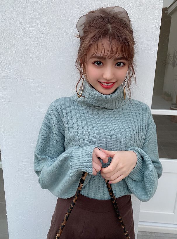 日本 GRL - 寬鬆高領羅紋針織上衣-杏褐