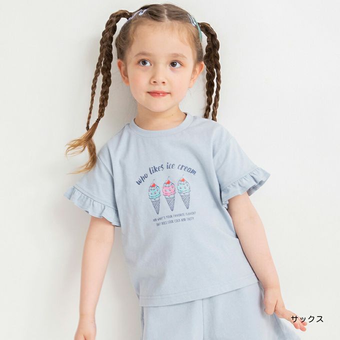 日本 BRANSHES - 純棉荷葉袖女孩印花短袖上衣-貓咪-粉紅