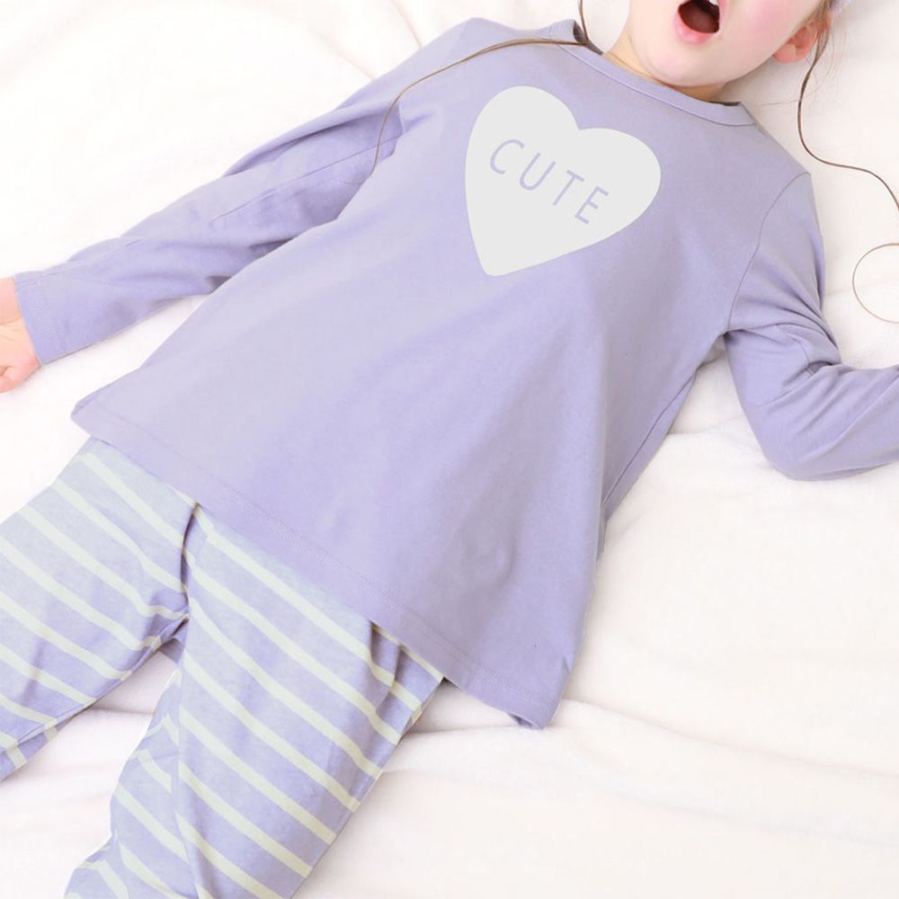 100%棉 高腰長袖家居服套裝(女孩款)-愛心條紋-紫羅蘭