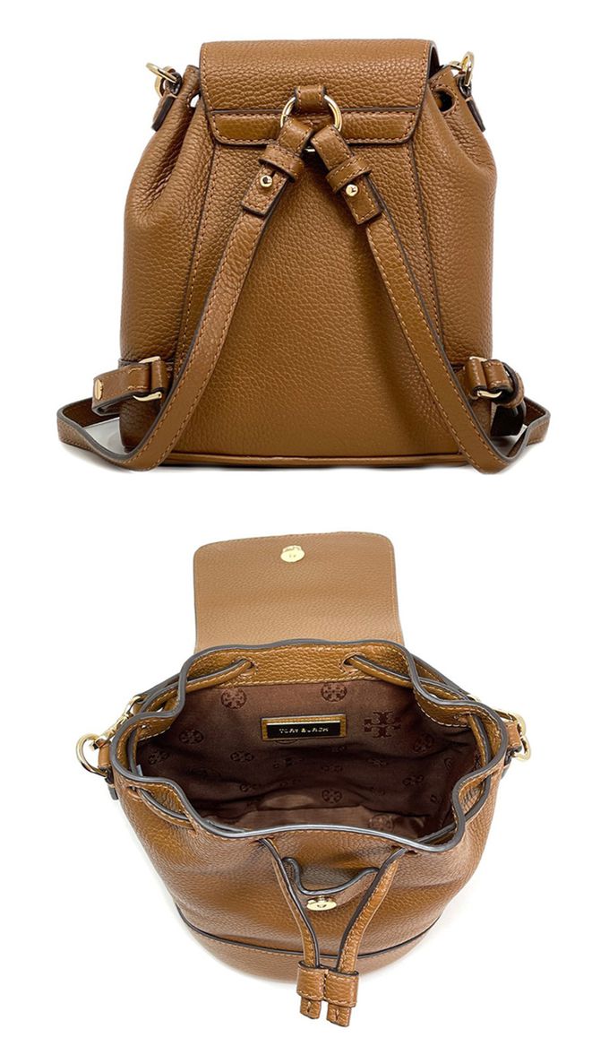 TORY BURCH - 素面皮革翻蓋後背包-焦糖色