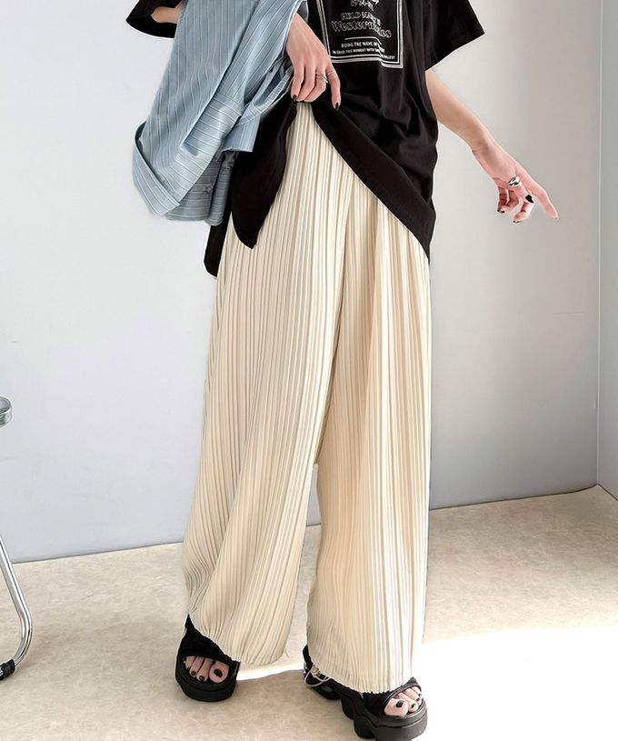 日本 Classical Elf - 羅紋長腿線條感率性寬褲-(下襬抽繩)-淺灰杏