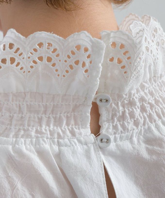 日本 Lupilien - 100%棉 典雅貝殼蕾絲宮廷長袖上衣-白