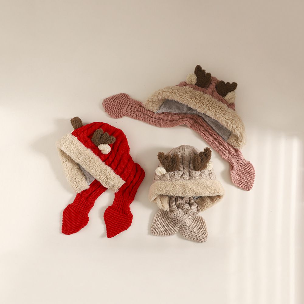 聖誕可愛鹿角針織毛帽-紅色 (帽圍48-52CM)