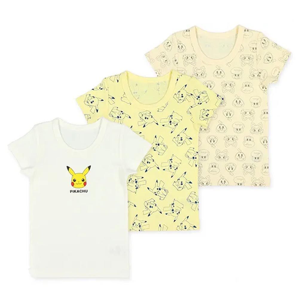 日本西松屋 - 短袖內搭/家居服超值三件組-卡通人物寶可夢-黃白系