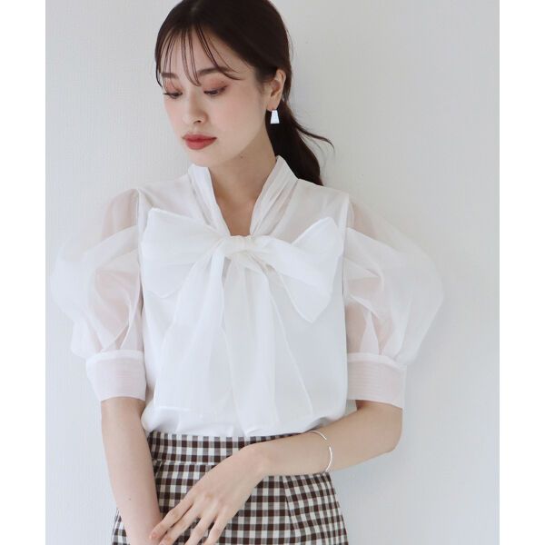 日本 BLUE EAST - 氣質薄紗蝴蝶結泡泡短袖上衣-白