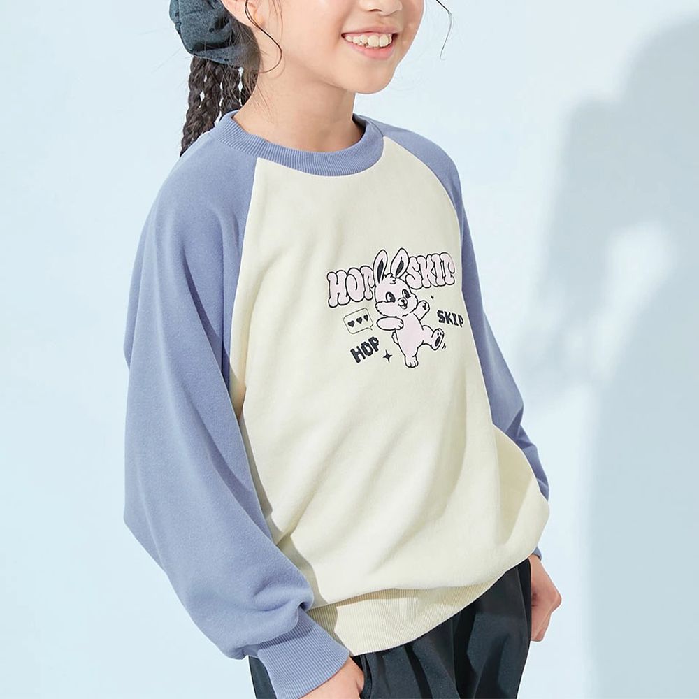 女孩印花裏毛長袖上衣-可愛兔兔-柔和藍