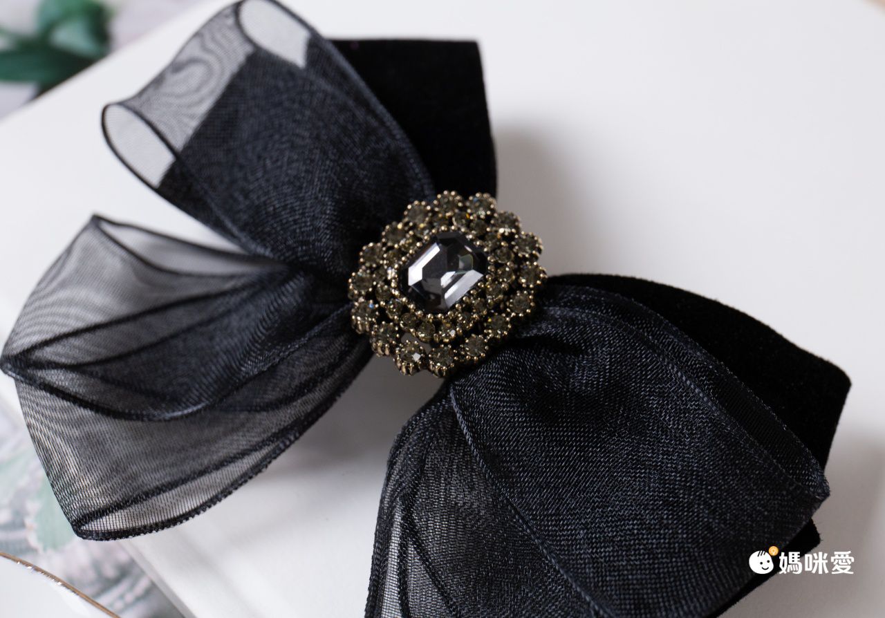 網紗水鑽蝴蝶結髮夾-方形水鑽-黑色