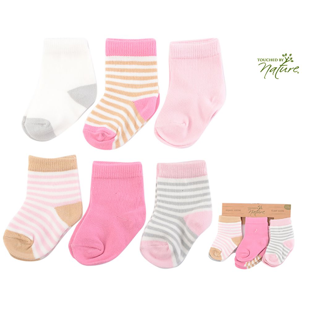 美國 Luvable Friends - 甜蜜寶貝嬰兒襪/寶寶襪/初生襪/及膝襪有機棉花6入組-粉色條紋 (12-24M)