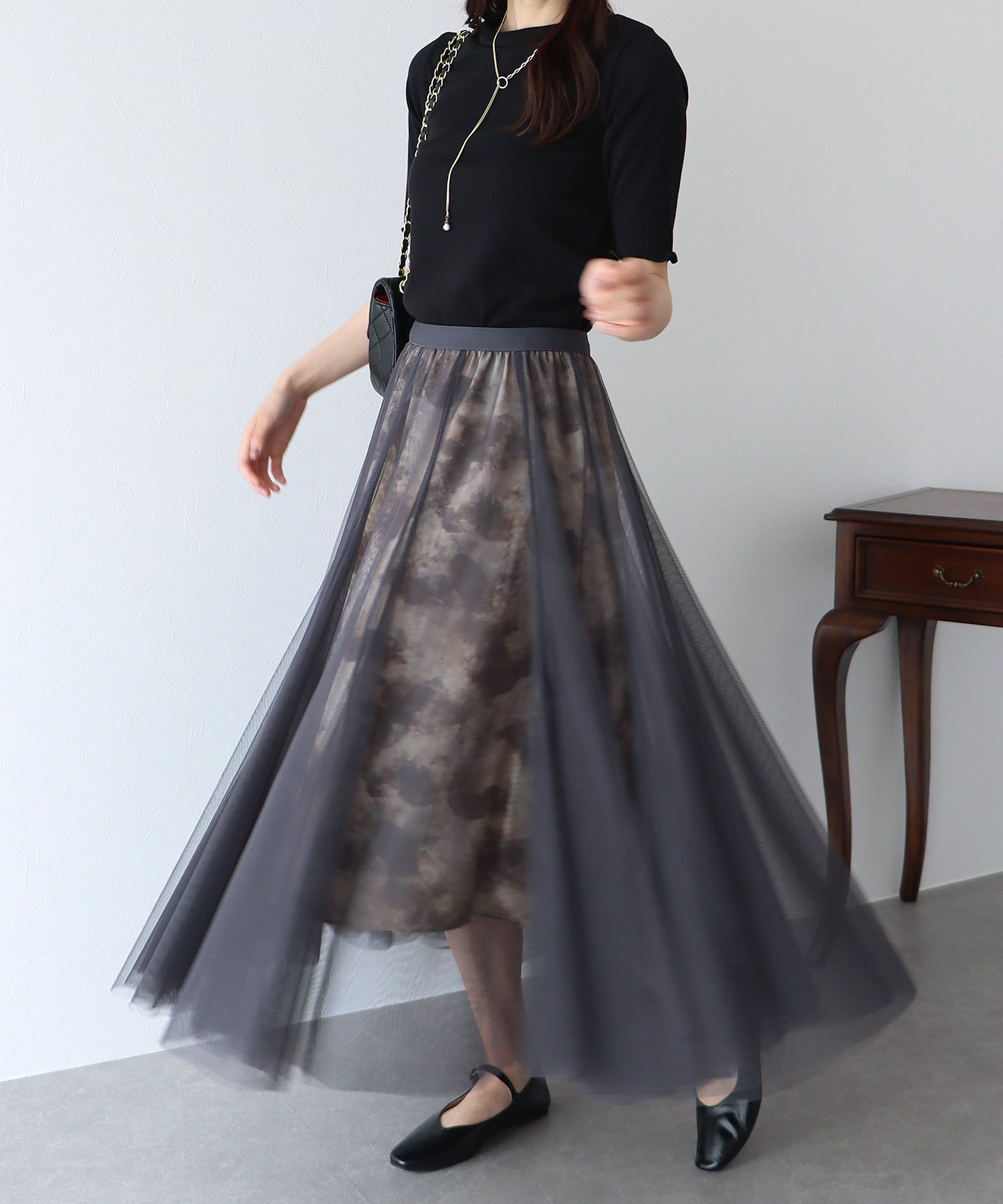 日本 BLUE EAST - 浪漫印花雙層紗裙-卡其