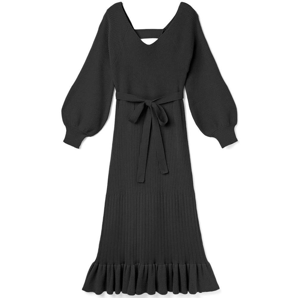 日本 GRL - 明星聯名款 綁帶蝴蝶結修身針織長洋裝-時尚黑