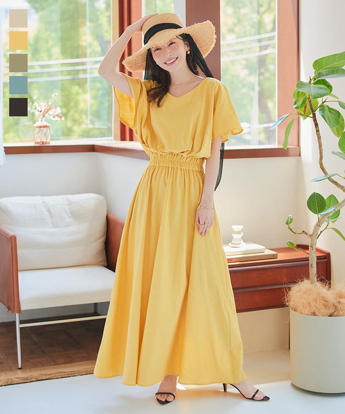 日本 Kobe Lettuce - 亞麻度假感V領修身束腰洋裝-淺卡其 (M)