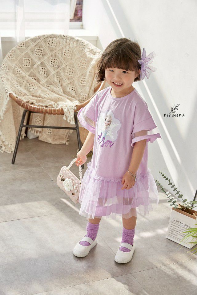 韓國 kikimora - 寬袖Elsa魚尾網紗洋裝-粉紫