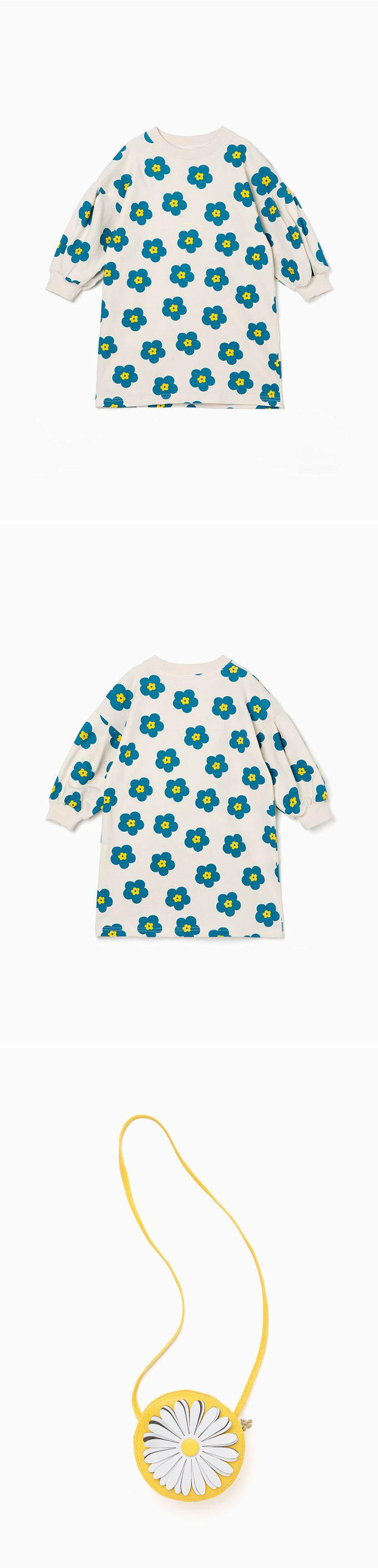 韓國 OZKIZ - (附包包)滿版藍花印長袖連身洋裝-米