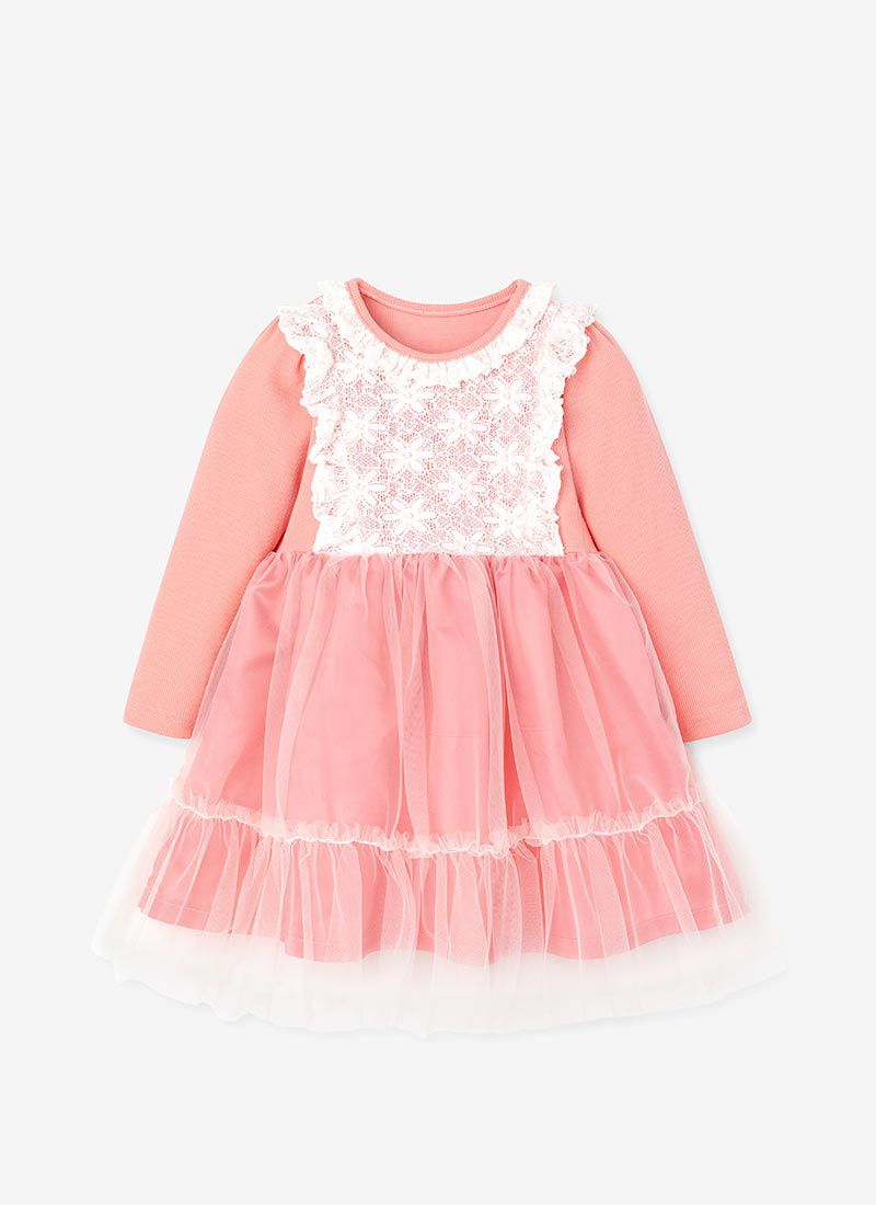 韓國 OZKIZ - 胸前蕾絲花朵網紗長袖拼接洋裝