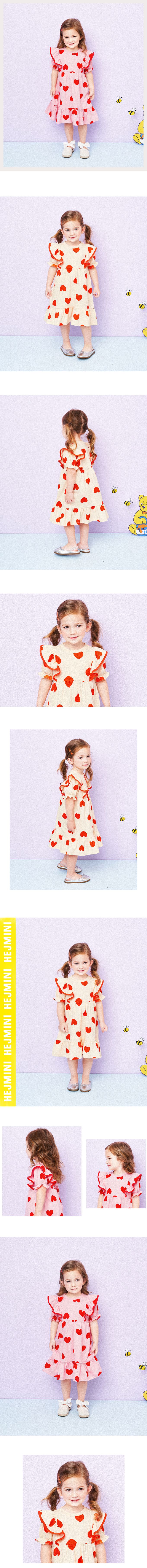 韓國 HEJMINI - 滿版愛心荷葉邊拼接洋裝-粉